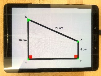 A quadrilateral is being displayed on a Samsung touchscreen. The sides of the quadrilateral are black, and vibrate. The vertices of the quadrilateral are green and provide auditory feedback. Side length and angle information is read aloud while navigating on screen through hand exploration.