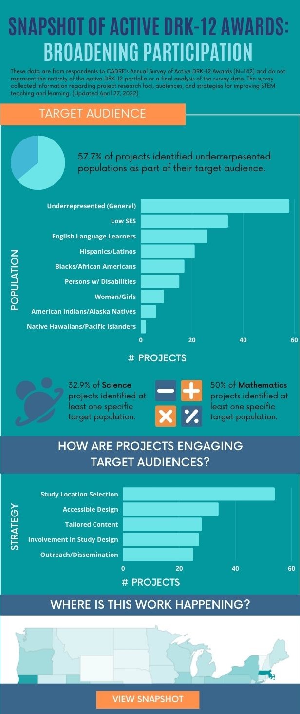 Infographic with preliminary data on projects targeting underrepresented in active DRK-12 awards.
